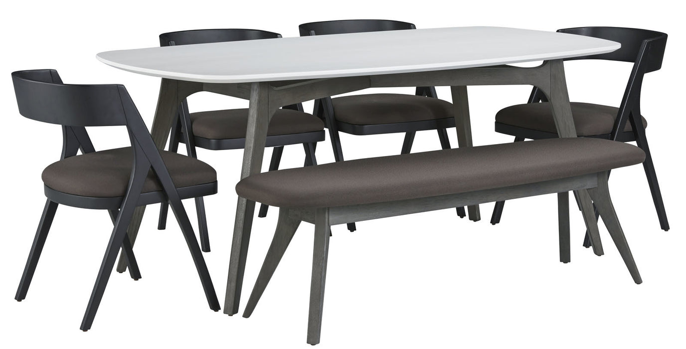 Palliser Furniture Mix and Match Benedict Wood Top Dining Table and Upholstered Bench with 4 Calvin Bent Wood Chairs Dining Set in Grey 119-152K6B0 image
