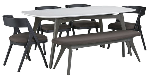 Palliser Furniture Mix and Match Benedict Wood Top Dining Table and Upholstered Bench with 4 Calvin Bent Wood Chairs Dining Set in Grey 119-152K6B0 image